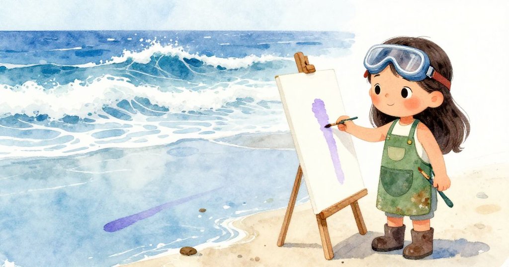 Jade仔細端詳畫布上意外的筆觸,水面倒影出起伏波浪,藝術與大海交融,充滿驚喜與沉思。