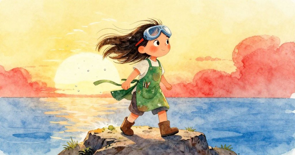 Jade面對突如其來的海風,綠色圍裙狂舞,夕陽映照下海邊懸崖充滿動感與溫暖光影。