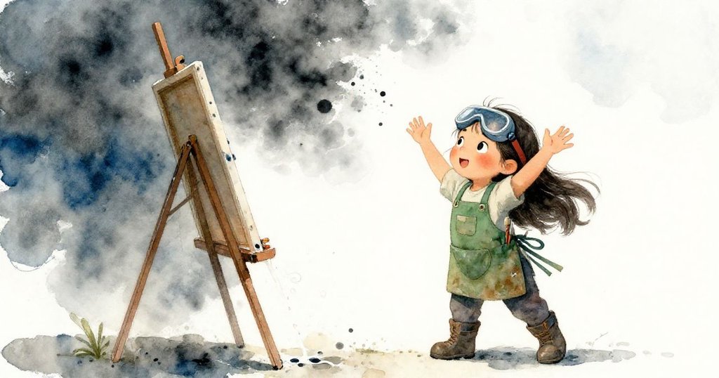 Jade緊張中舉手驚呼,風中畫架歪斜,濕漉漉的顏料飛散,瞬間從驚訝轉為微笑,展現情感波動。