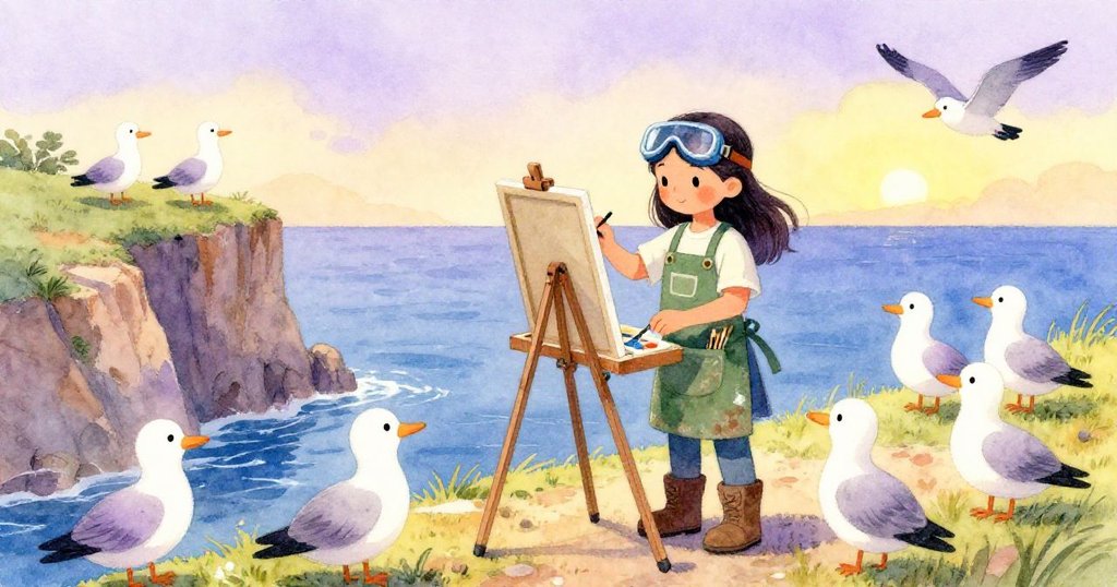 Jade在暮色中穩定畫架、收起畫作,懸崖上友善海鷗歸來,場景寧靜而溫馨,展現結局與重聚。