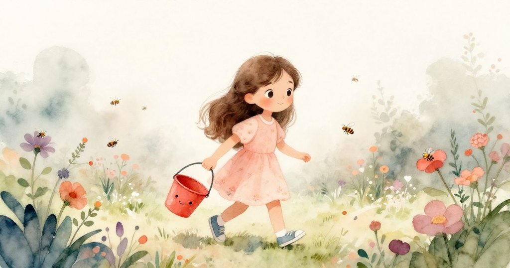 米婭在清晨薄霧中的花園裡輕快走動,臉上充滿期待,紅色水桶隨風輕搖,溫柔日光灑落草地與花朵。