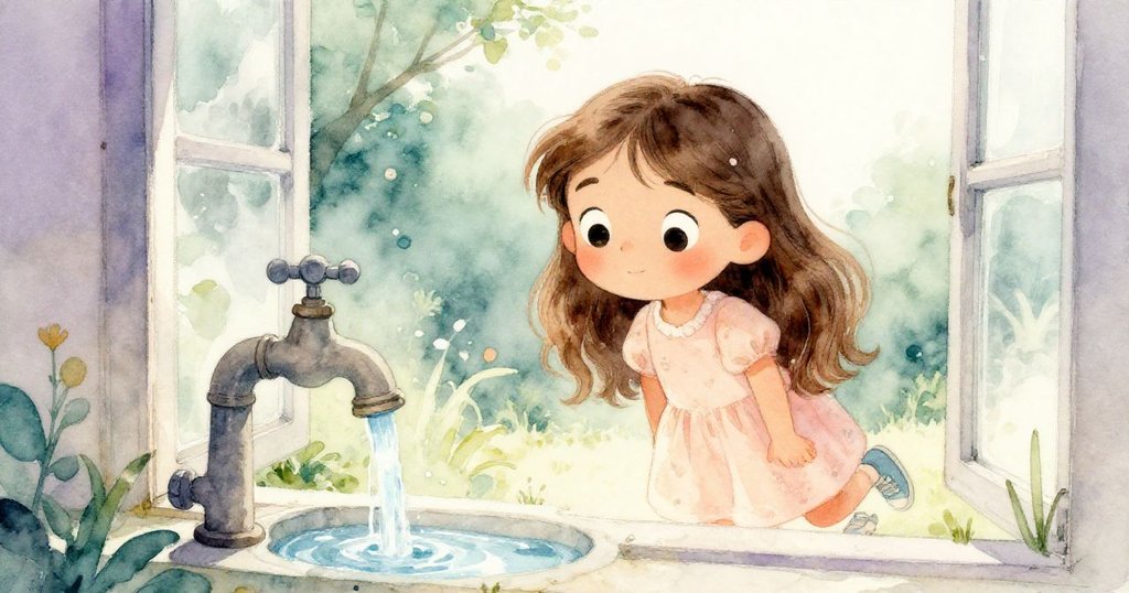 米婭透過花園窗戶好奇地觀察小水龍頭滴水,水流從管中緩緩流出,臉上表現出探索的神情。