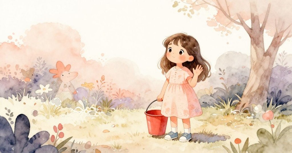 米婭在溫暖庭院中告別冒險,手中拿著滿水紅桶,輕輕揮手微笑,陽光灑落下展現寧靜結局。