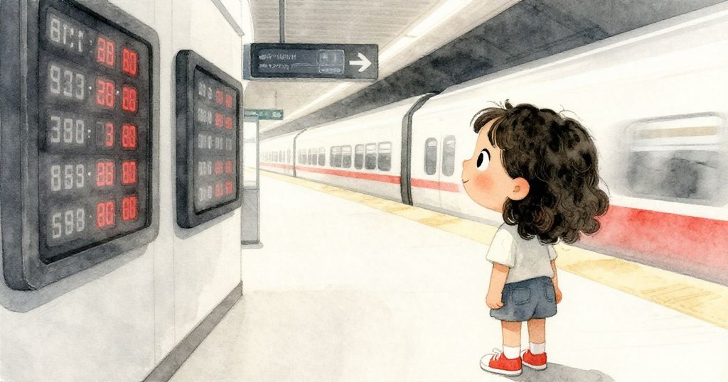 馬拉背影注視閃爍電子板與接近列車,神情專注兼帶焦慮,現代月台背景中展現城市活力。