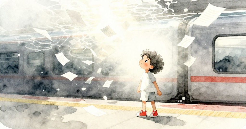 馬拉蹲身伸手追逐飄浮紙片,紙張如水中漂浮般緩慢移動,夢幻背景展示迷離情緒。