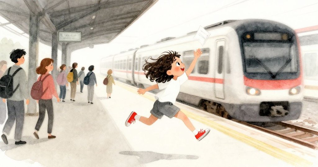 馬拉急速伸手追趕飄浮紙片,忙碌月台中同行人群閃避,緊張氛圍高潮展開。