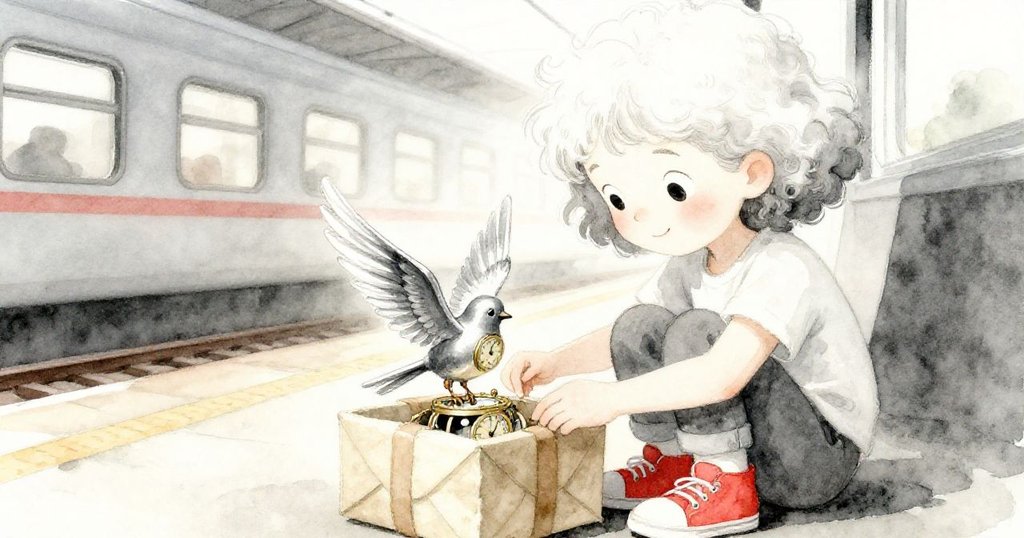 馬拉專注輕啟包裹展現微型機械鳥,閃亮銀翼細節豐富,情緒由緊張轉為柔和驚喜。