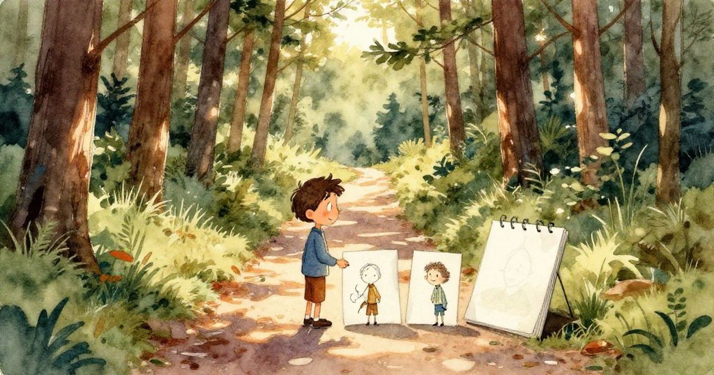 Mateo用認真的手勢在青苔樹墩上用小石子固定畫紙，水滴閃爍於紙上，展現他專注創作的細膩情感。