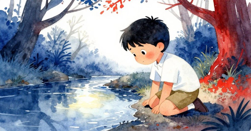 Mateo蹲在溪邊，注視著映出樹枝與藍天的水潭，臉上流露出驚奇與感動，感受大自然奧秘。