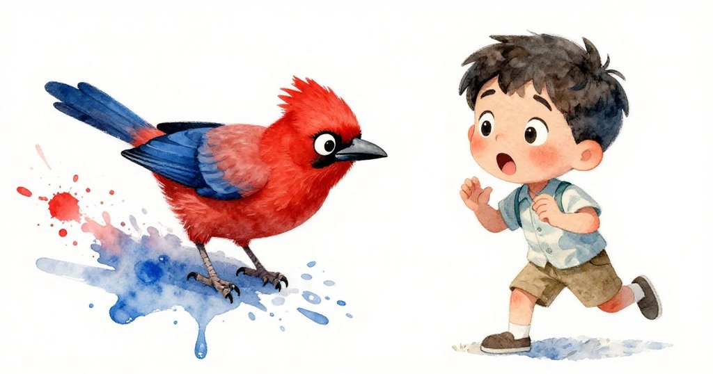 Mateo驚訝地看著scarlet jay降落於滴水的畫紙上，鮮紅藍色彧弧飛濺，捕捉到意外藝術瞬間的動感。