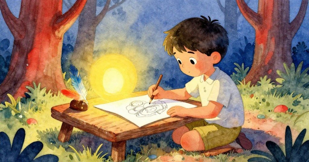 Mateo在森林桌旁靜坐於夕陽餘暉中，滿意翻閱完成的畫冊，彩色羽毛橫跨頁面，象徵創作旅程的美好落幕。