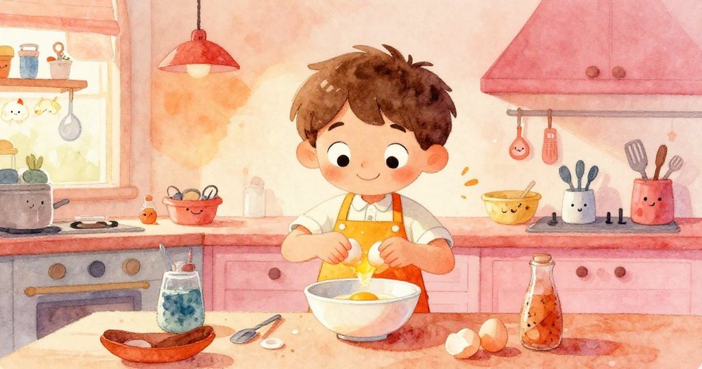 米羅穿著鮮豔圍裙在溫暖廚房中破蛋，忙碌廚房物品群聚，充滿活力和期待。