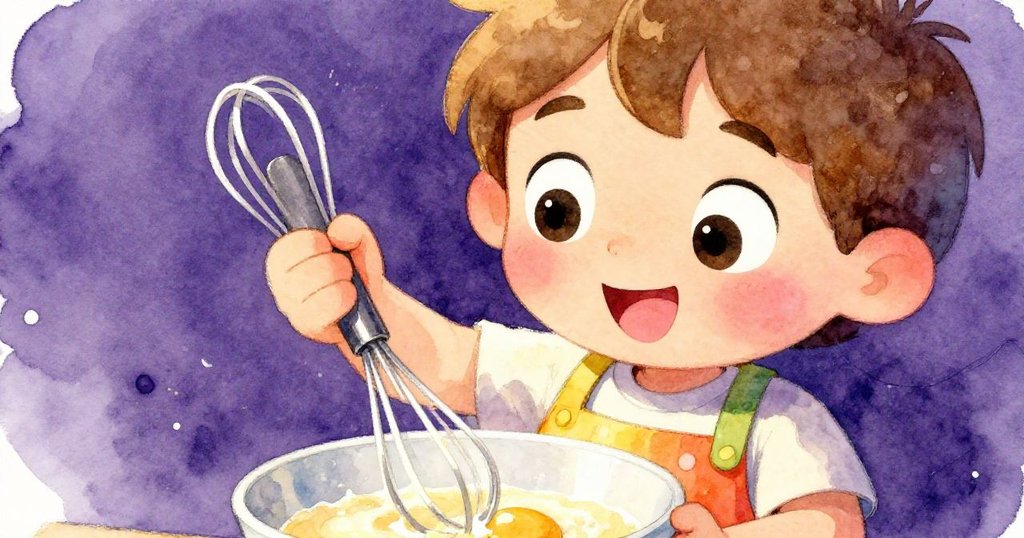 米羅聚精會神攪拌雞蛋，眼神充滿快樂與活力，展示廚房工作細節。