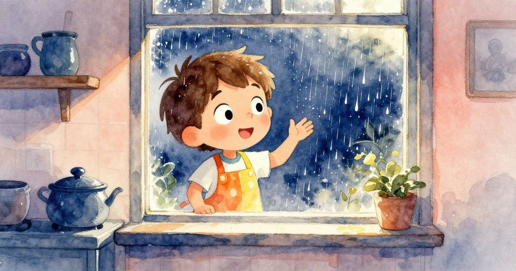 米羅在廚房窗邊驚訝望著雨滴輕敲窗玻璃，室內溫暖對比外面清涼雨光。
