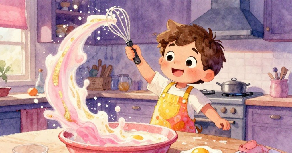 米羅在廚房中動作迅速阻止蛋液溢出，展現忙亂與活力，場景充滿溫暖動感。