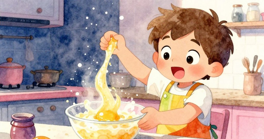 米羅專注制止飛濺蛋液，盤中蛋液旋轉，臉上驚喜與堅毅交織，氛圍緊張又溫馨。