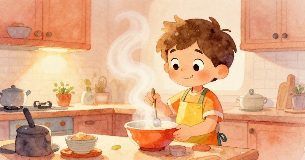 米羅平靜笑對混合完成的蛋液，蒸氣升起象徵新希望，廚房重回安寧，展現愉悅結局。