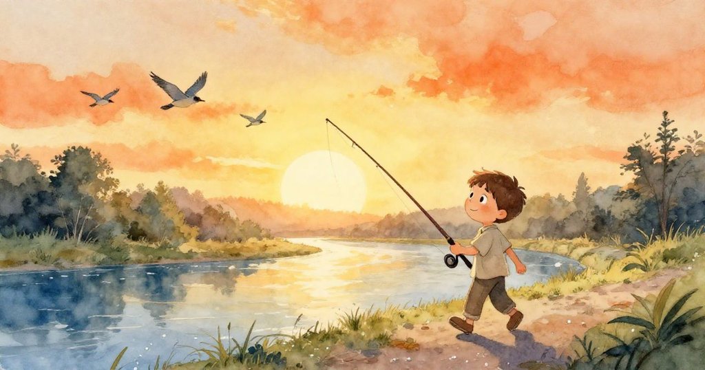 Leo在黎明沿著安靜河畔走，手持釣竿，背景有低飛的小鳥和溫暖的朝陽，展現期待與平靜的情景