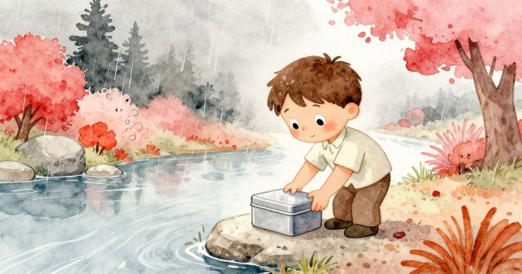 Leo在河邊的石頭上仔細放下銅盒，天空開始下著細雨，臉上流露出專注與柔和的情感