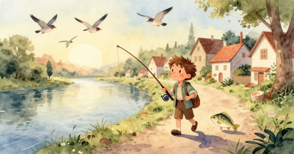 Leo的手緊握釣竿，陽光照射下閃亮的鉤子正滑向石緣，展現緊張與專注的瞬間