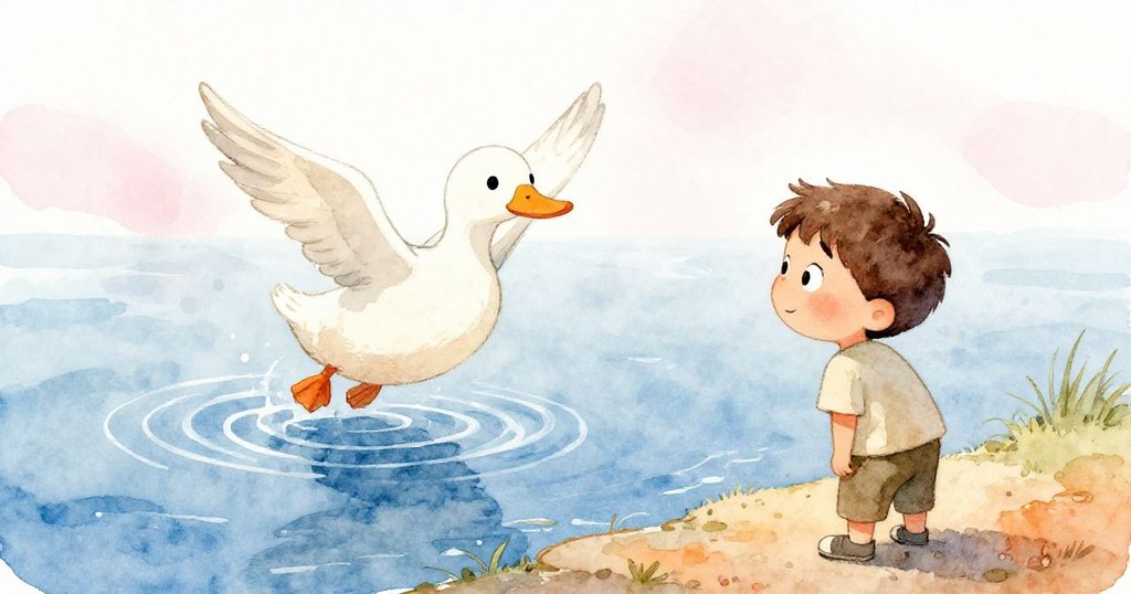 在河邊，一隻鴨子因驚嚇突然展翅飛起，水面泛起漣漪，Leo帶著溫柔與關切的微笑注視著牠