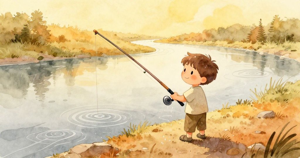 Leo帶著微笑擦拭釣竿，踏上乾燥的岸邊，背景中金黃陽光映照下的河流漣漪恢復平靜，展現平和告別的情景