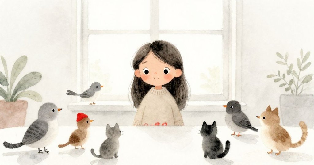 妮娜站在桌邊，笑容溫柔，周圍有小鳥、貓咪及其他動物圍繞，光線明亮，溫馨的房間開啟創作旅程。