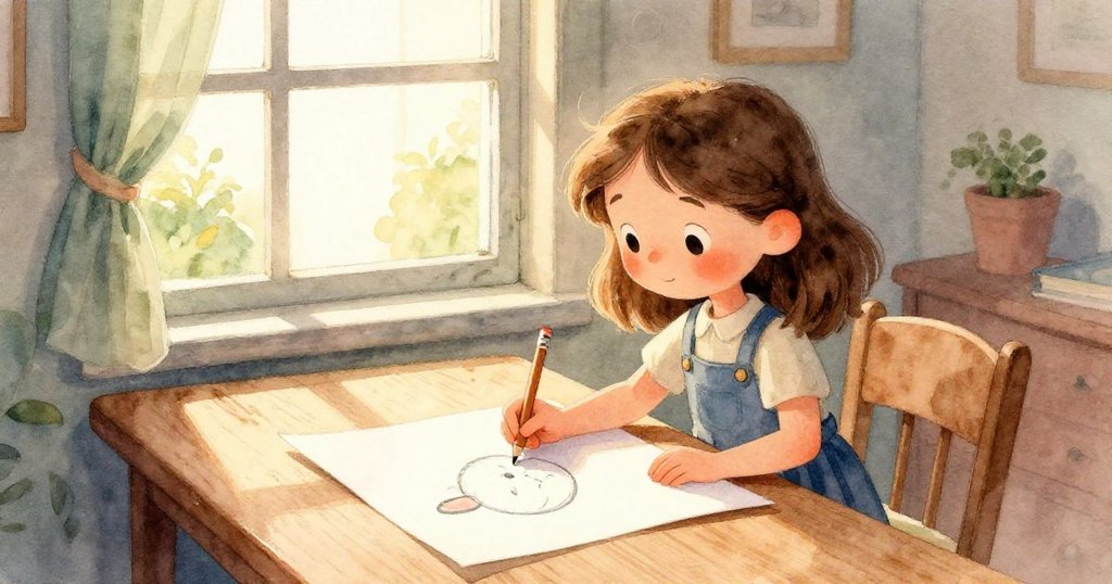 妮娜專注提筆繪畫，小手細膩地在白紙上描繪羊的臉龐線條，情感溫柔，富有創造力。