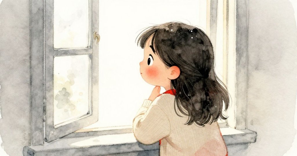 從窗外照進明亮陽光，妮娜望著窗外，眼神充滿期待與靈感，溫馨房間中映出柔和光影。