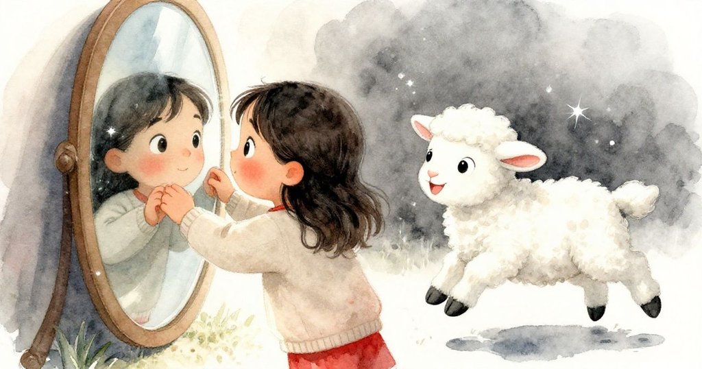 在明亮陽光和閃爍反光中，妮娜調整鏡子，羊羔頑皮活躍躍入畫面，室內光影流動充滿魔力。