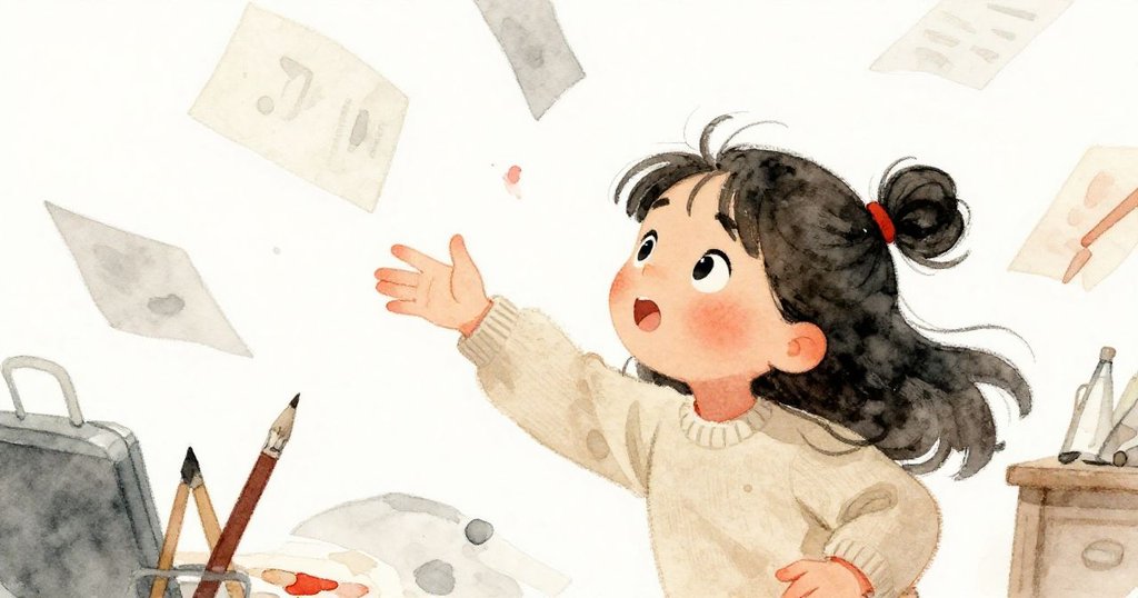 妮娜急忙接住飛舞的紙張，臉上流露堅定與靈感，專注對待創作瞬間，房間內充滿藝術氣息。