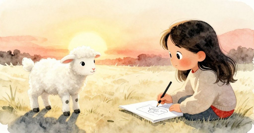 暖黃夕陽映照室內，妮娜滿足欣賞彩繪成品，羊羔靜靜旁觀，情緒平靜溫馨，創作日圓滿落幕。