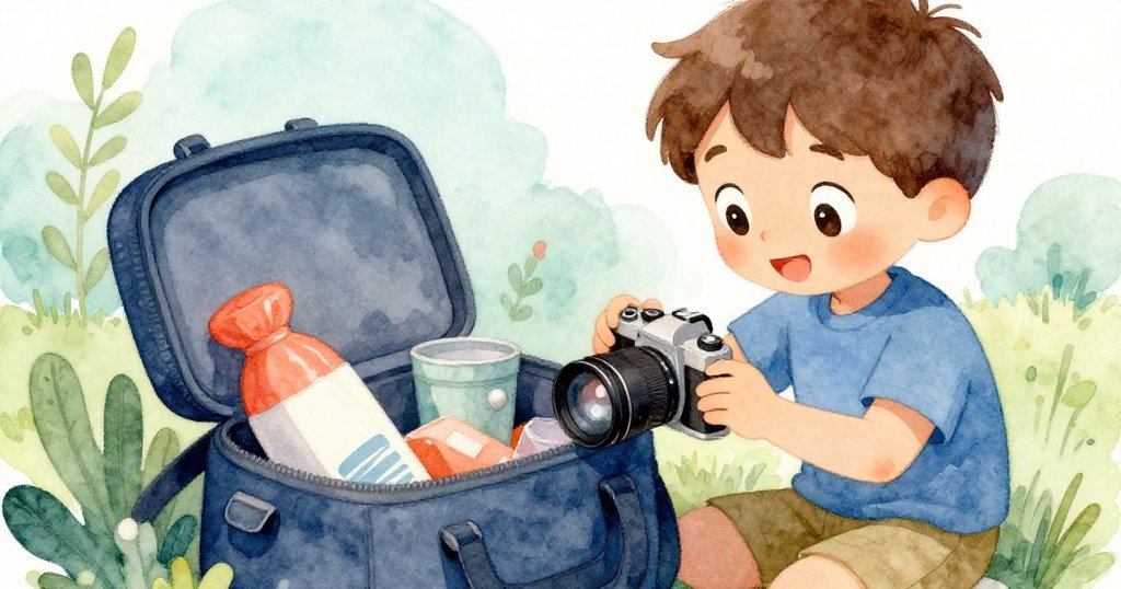 米洛跪在地上仔細打開相機袋，輕輕擦拭鏡頭，神情專注，充滿細膩關懷與戶外自然光影。