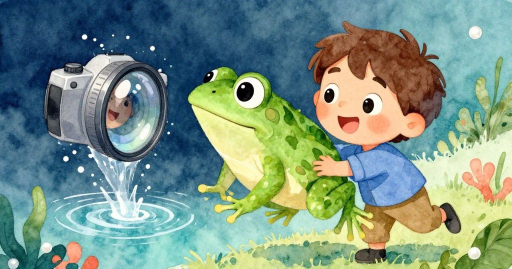 綠色青蛙在鏡頭上方跳躍，水面泛起細膩漣漪，米洛露出驚喜笑容，捕捉到充滿動感的瞬間。