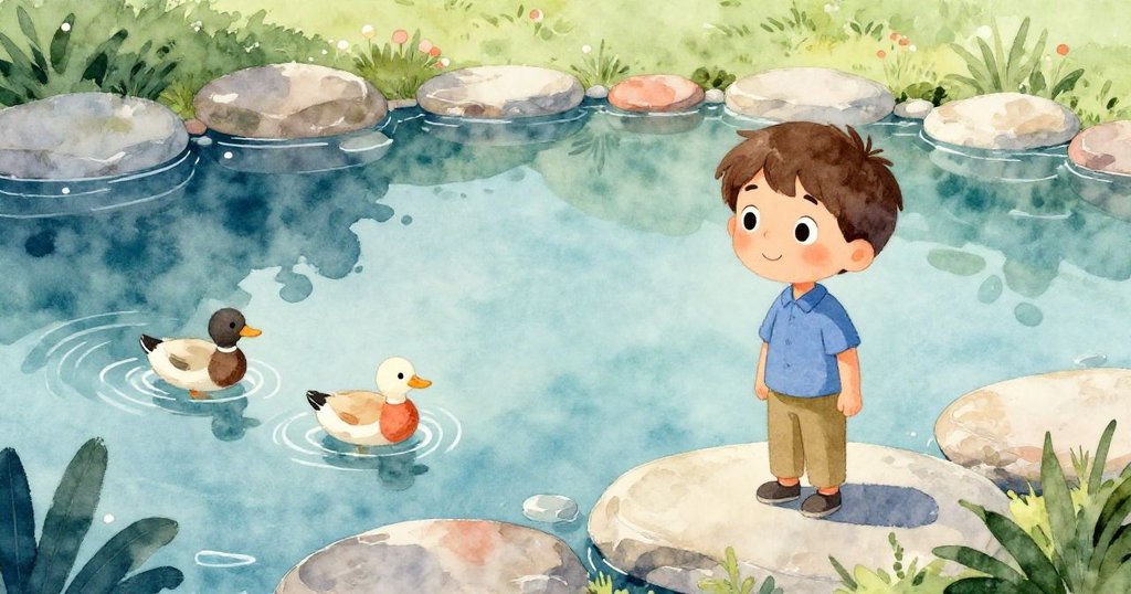 從高處俯瞰池塘，平石排列整齊，鴨子悠然隨水漂流，水面倒影映出寧靜自然美景，氛圍平和。