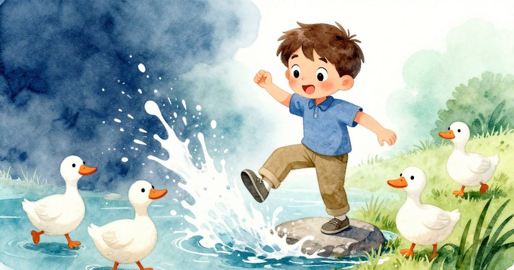 米洛小心踏上傾斜石頭，水花四濺瞬間驚動鴨子紛飛，畫面充滿動感與微妙張力，神情專注。