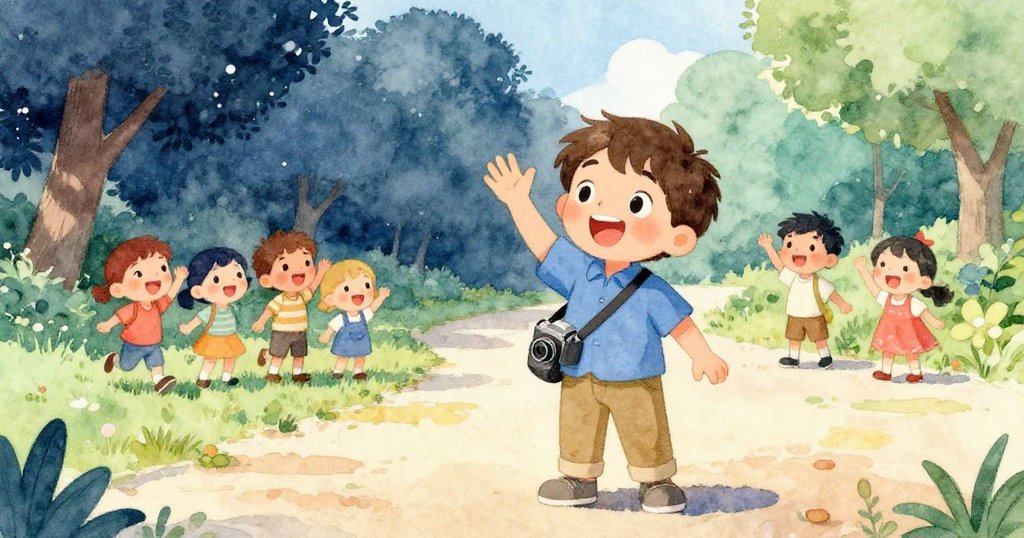 米洛站在乾地上微笑揮手告別，拉上相機袋拉鍊，背景中孩子歡快走過公園小徑，充滿溫馨結局和自然美感。