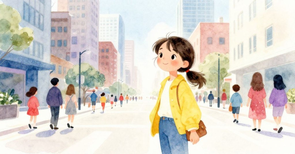 Maya在熱鬧都市街道上行走，小包隨身，街景繁華燦爛，充滿期待與活力。