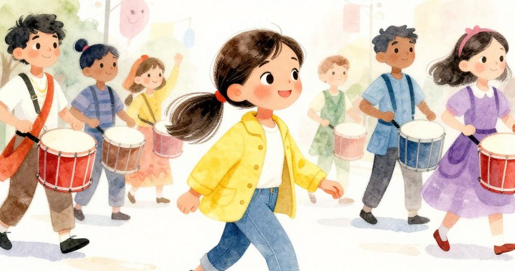 從低角度看Maya充滿決心地穿梭於盛裝遊行隊伍中，背景鼓手熱情跳躍。