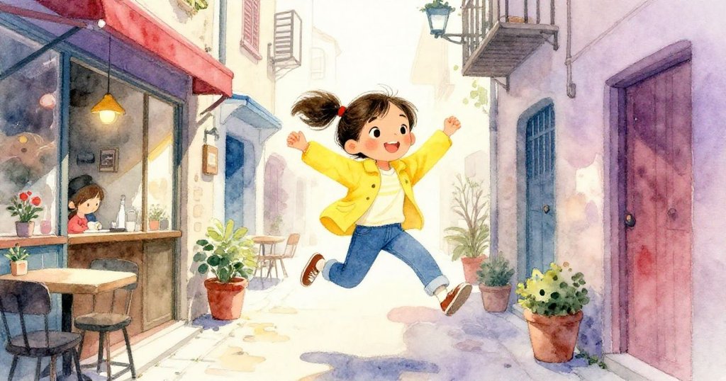 Maya快樂地跳入隱秘巷弄，旁邊咖啡館散發溫馨氣息，場景神秘迷人。