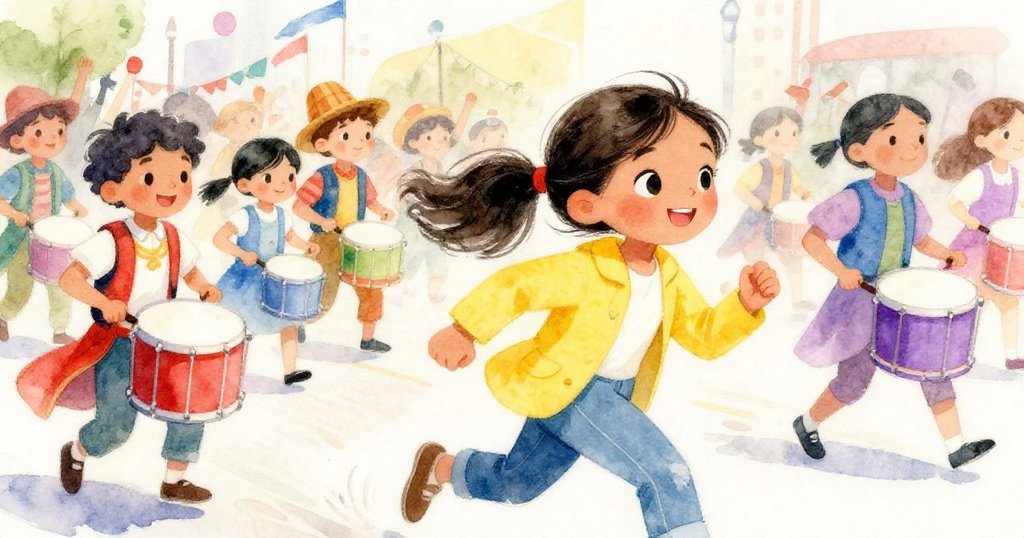 遊行隊伍熱烈展開動感追逐，Maya在鼓聲中奔跑，畫面充滿動感與歡笑。