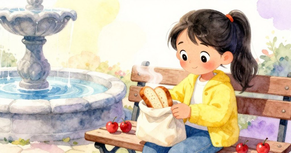 Maya安坐石造噴泉旁木椅上，細品溫熱麵包，臉上滿是安寧與滿足，都市喧囂遠去。