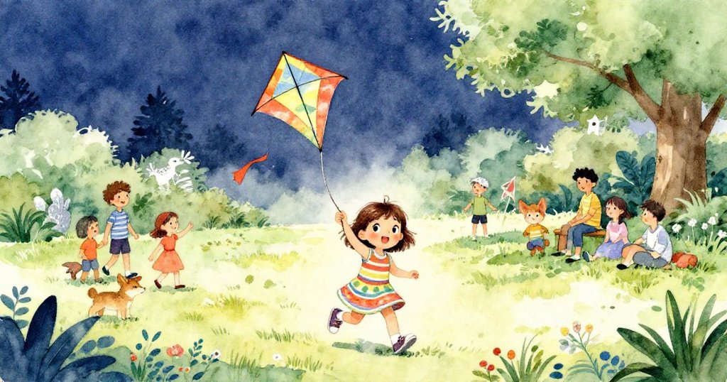 莉莉在公園中走著，興奮地握著風箏，周圍有很多人和小動物，充滿期待與快樂的情緒。