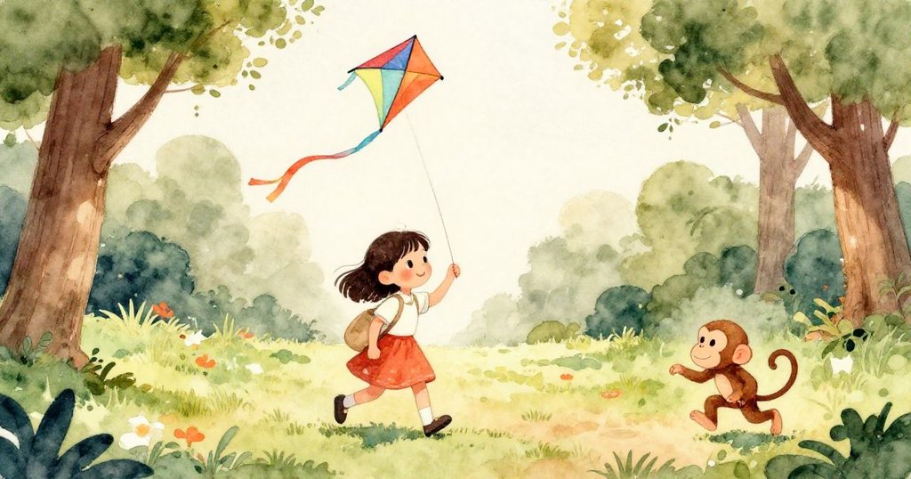 莉莉的手緊握著風箏的線，細節展現出風箏的花紋和紙翼，她的神情充滿決心。