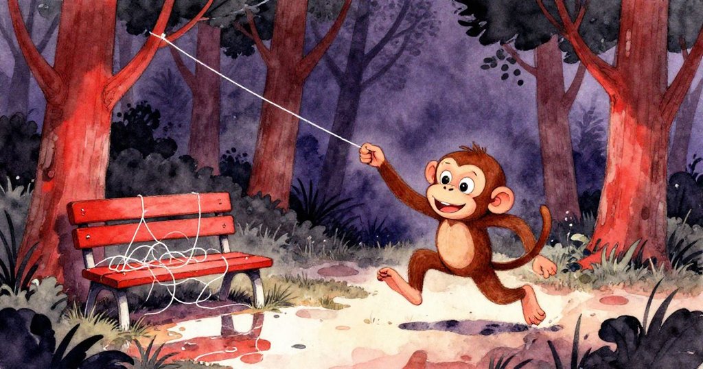 一隻調皮的猴子從樹間衝出來拉扯風箏線，風箏纏在長椅上，旁邊的水坑映出猴子的頑皮動作。
