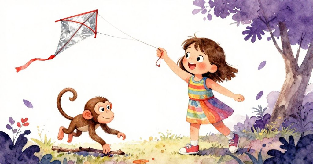 莉莉重拾風箏手柄，臉上露出寬慰的笑容，而猴子因踩到枯枝而跌倒，整個公園充滿慶祝的氛圍。