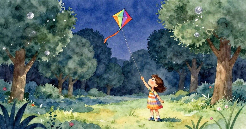 莉莉將風箏線紮在手腕，微笑著看著風箏高飛在樹頂之上，象徵著冒險後的平靜與勝利。