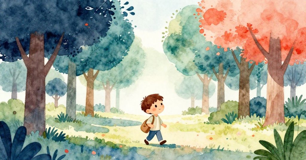 本圖展示本攜帶小筆記本走進布滿高大樹木的公園，晨曦柔和灑落，臉上流露出期待與溫暖情感，環境充滿生機。