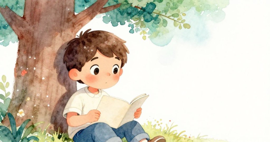 本圖特寫描述本在樹下坐著，專注凝視著打開的空白筆記本，臉上流露出驚奇與好奇，背景柔和恬靜。