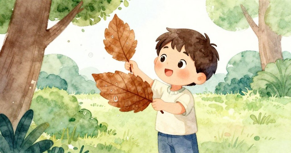 本圖展示本輕輕拾起深棕色的樹葉，樹葉上閃爍著露珠反射出的柔和藍光，場景靜謐溫馨，充滿秋意。